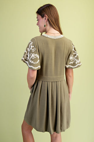Embroidered Linen Flutter Sleeve Mini Dress