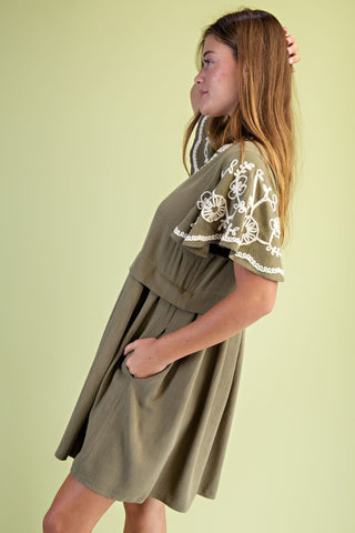 Embroidered Linen Flutter Sleeve Mini Dress