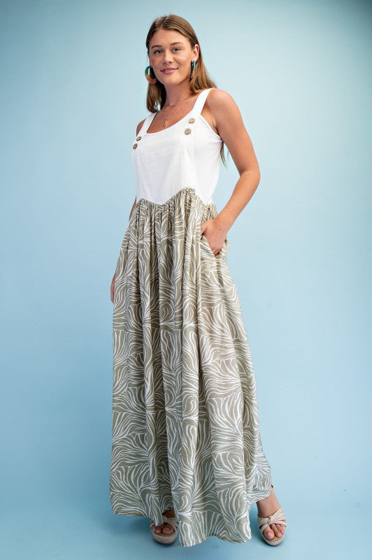 Marbled Print Mixed Fabric Overall Dress