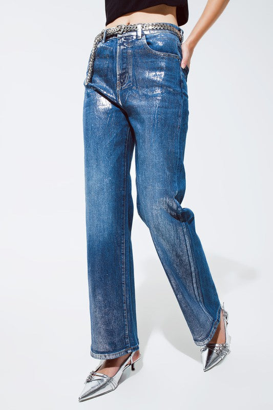 STRAIGHT LEG JEANS WITH SILVER METALLIC FINISH