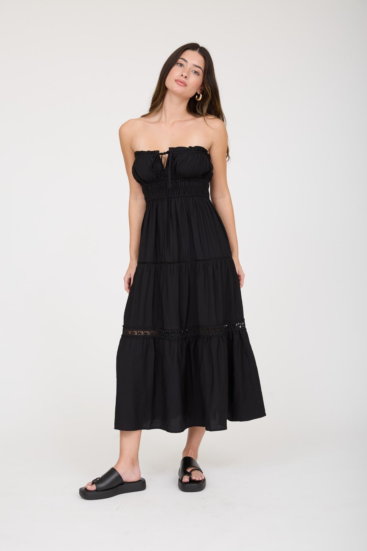Front Tie Keyhole Detail Strapless Midi Dress