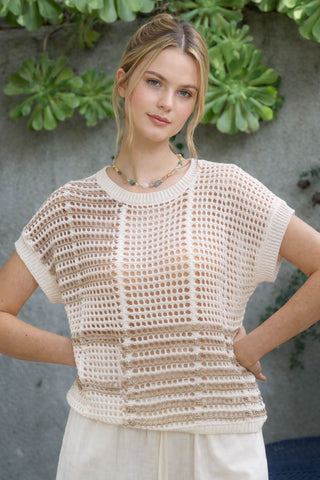 Multi Stripe Short Sleeve Sheer Crochet Knit Top