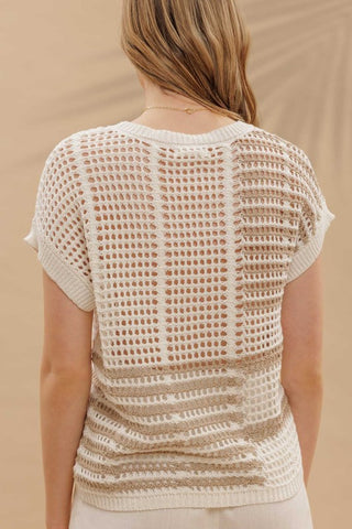 Multi Stripe Short Sleeve Sheer Crochet Knit Top