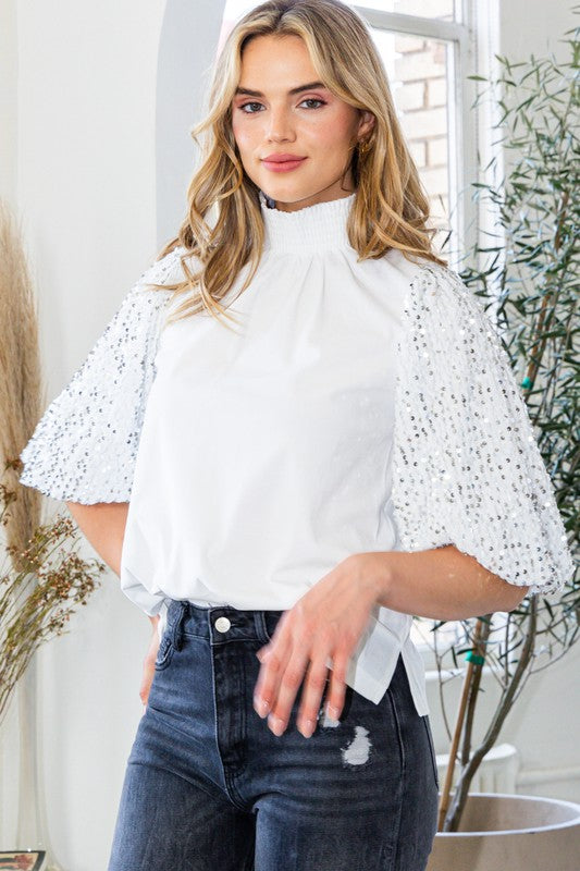 Smocked Mock Neck Relaxed Fit Top