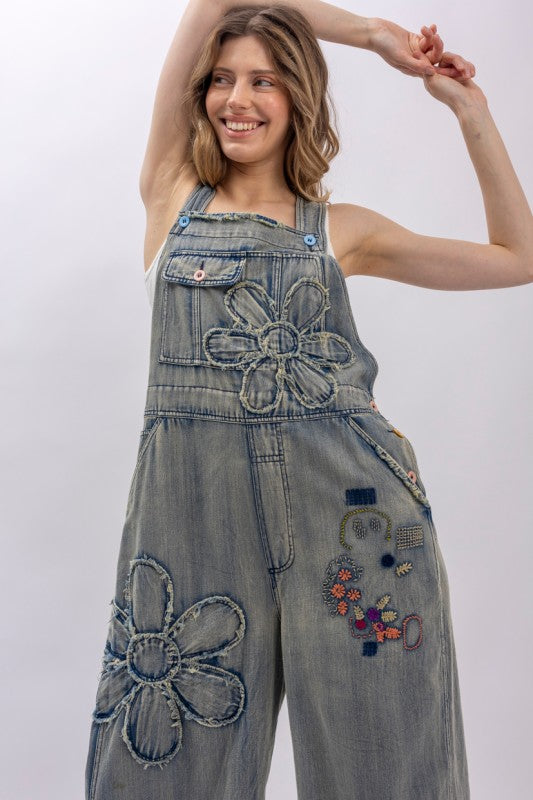 Flower Patchwork And Embroidered Denim Bib Overalls