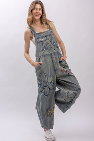 Flower Patchwork And Embroidered Denim Bib Overalls