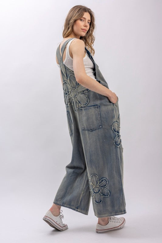 Flower Patchwork And Embroidered Denim Bib Overalls