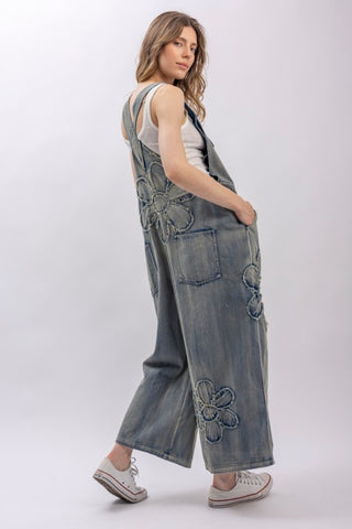 Flower Patchwork And Embroidered Denim Bib Overalls