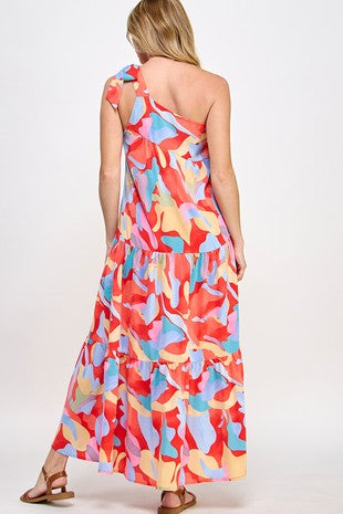 One Shoulder Bow Allover Print Maxi Dress