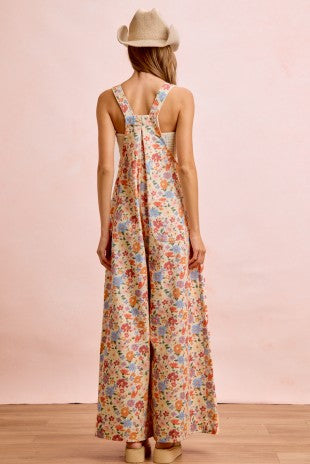 Washed Floral Twill Front Pockets Detail Overall
