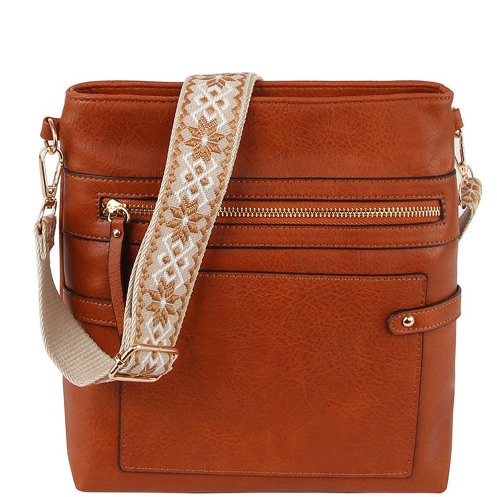 Smooth Zipper Crossbody Bag W Guitar Strap