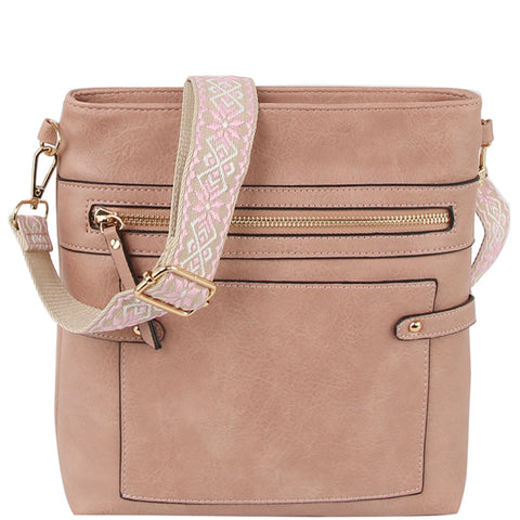 Smooth Zipper Crossbody Bag W Guitar Strap
