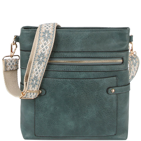Smooth Zipper Crossbody Bag W Guitar Strap