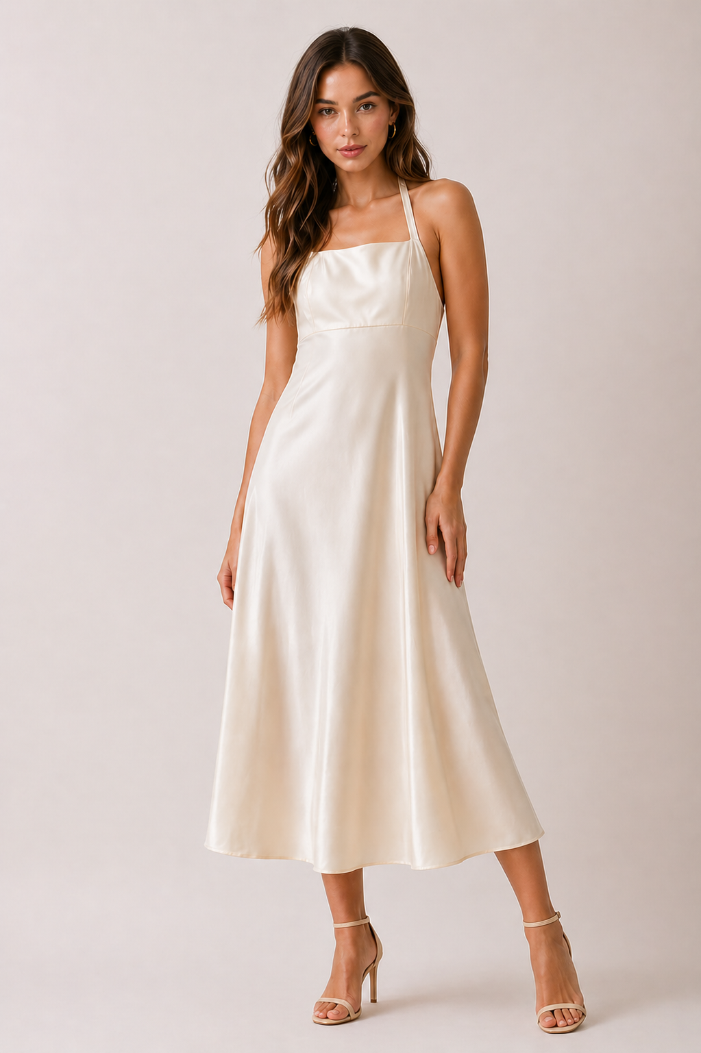 Halter Neck Self-tie Back Smocked Midi Dress