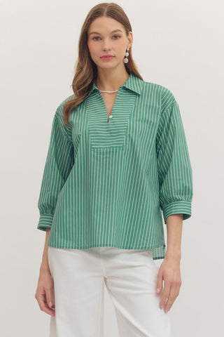 Striped 3/4 sleeve top featuring split neck placket detail