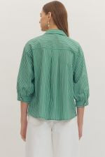 Striped 3/4 sleeve top featuring split neck placket detail