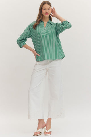Striped 3/4 sleeve top featuring split neck placket detail