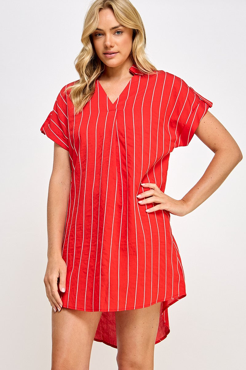 V-neck Collared Striped Shirt Dress