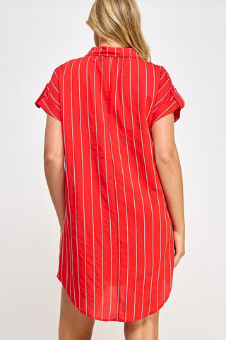 V-neck Collared Striped Shirt Dress