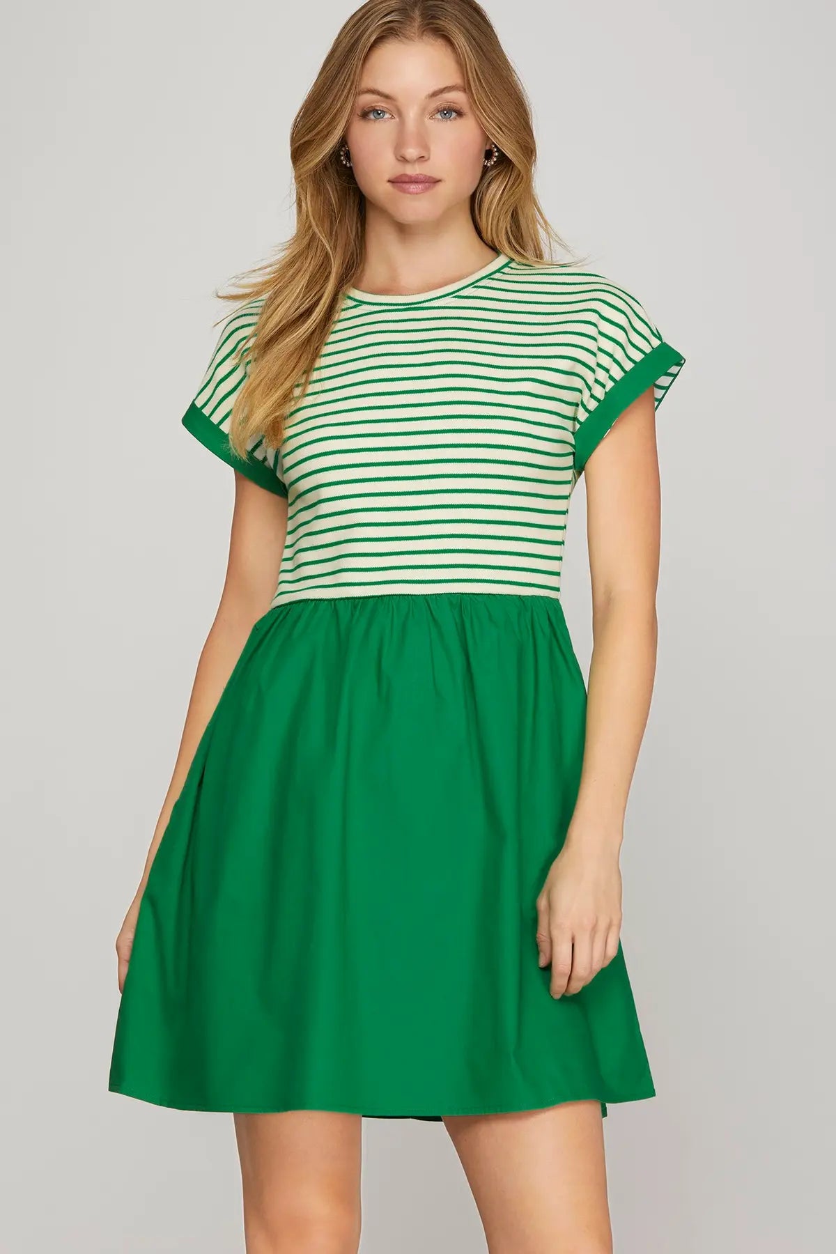CONTRAST CAP SLEEVE STRIPED KNIT TOP AND WOVEN SKIRT COMBO MINI DRESS WITH POCKETS