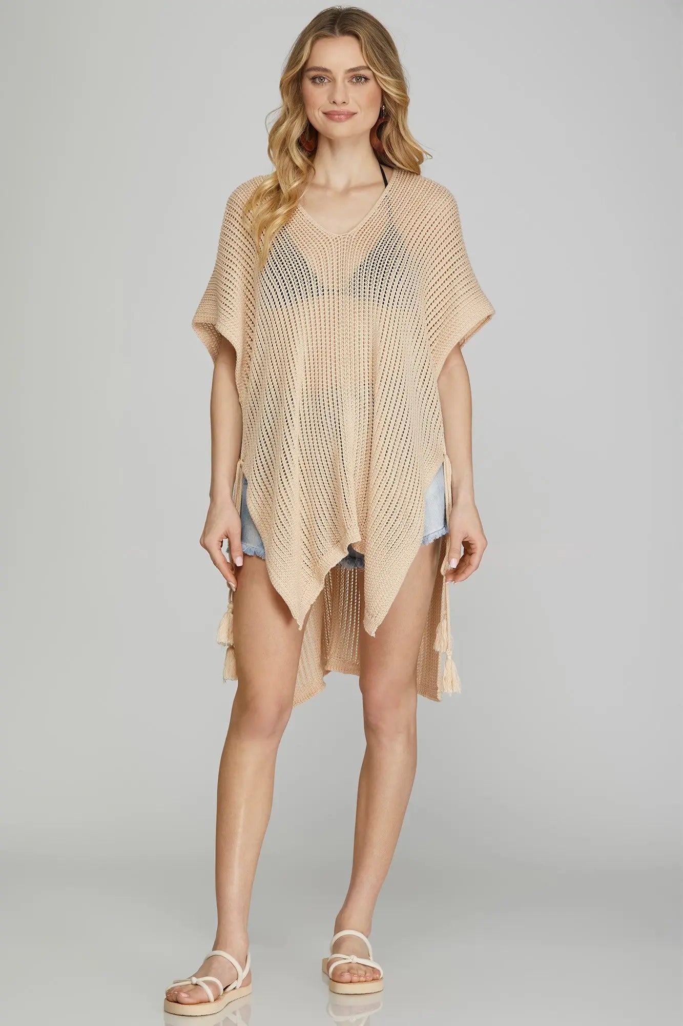 DROP SHOULDER SIDE TASEL TIE COVER UP TUNIC TOP