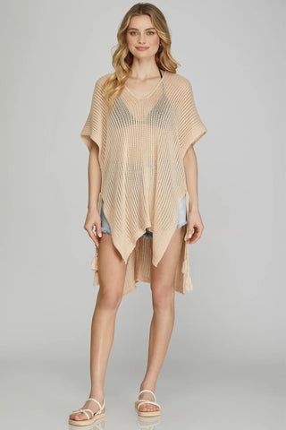 DROP SHOULDER SIDE TASEL TIE COVER UP TUNIC TOP
