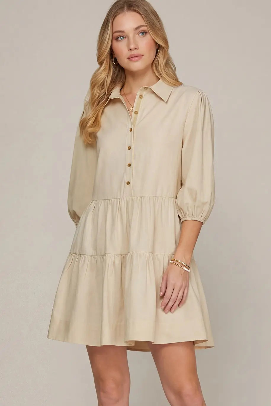 3/4 SLEEVE WOVEN COLLARED TIERED BUTTON DOWN SHIRT DRESS WITH POCKETS