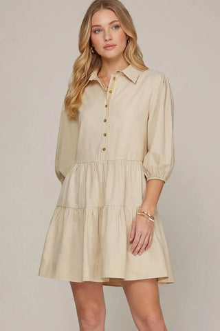 3/4 SLEEVE WOVEN COLLARED TIERED BUTTON DOWN SHIRT DRESS WITH POCKETS