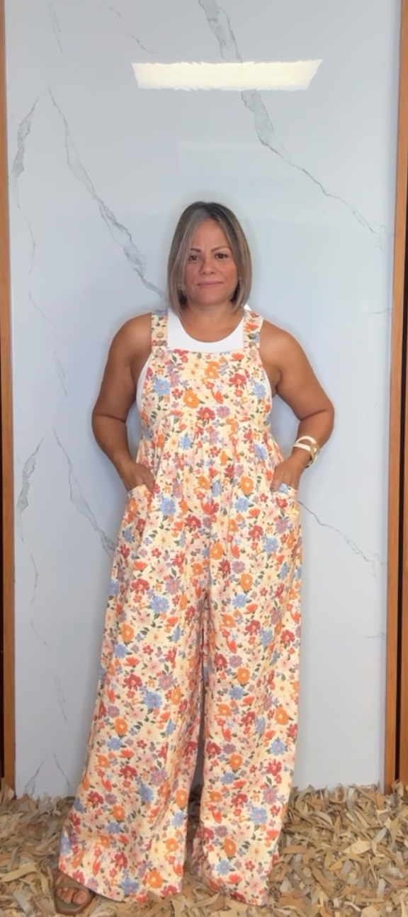 Washed Floral Twill Front Pockets Detail Overall
