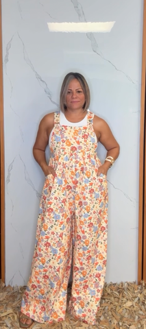 Washed Floral Twill Front Pockets Detail Overall