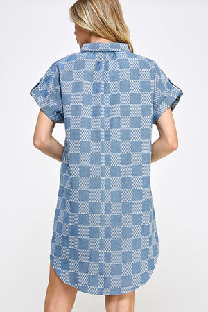 V-Neck Collared Checkered Print Short Dress