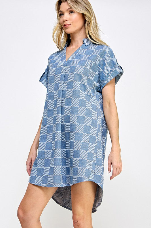 V-Neck Collared Checkered Print Short Dress
