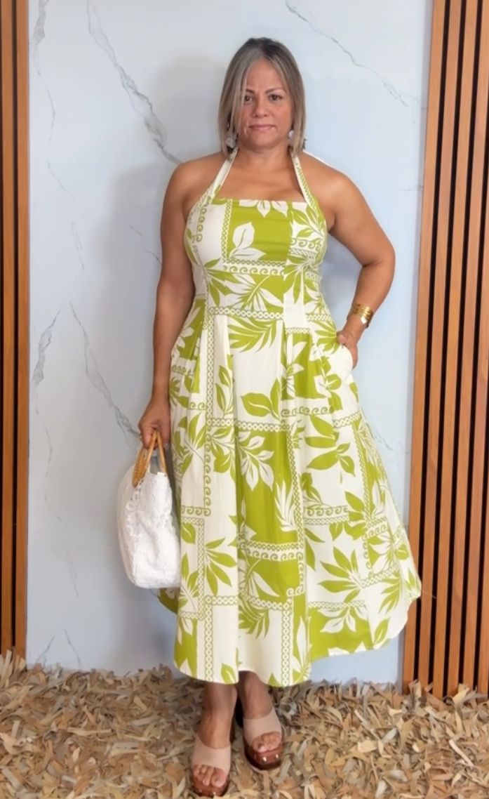 Ivory Green Geo Print Midi Dress