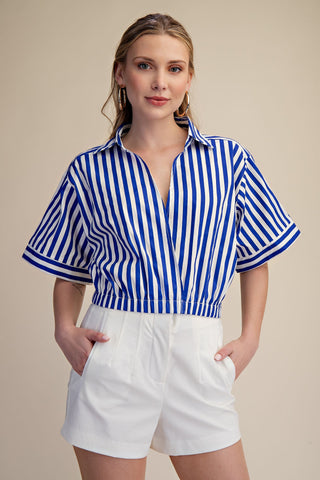 V-neck Lapel Collar Stripe Crop Shirt