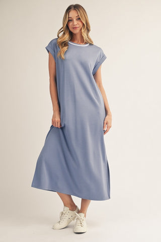 Side Slit Hem Solid Casual Midi Dress