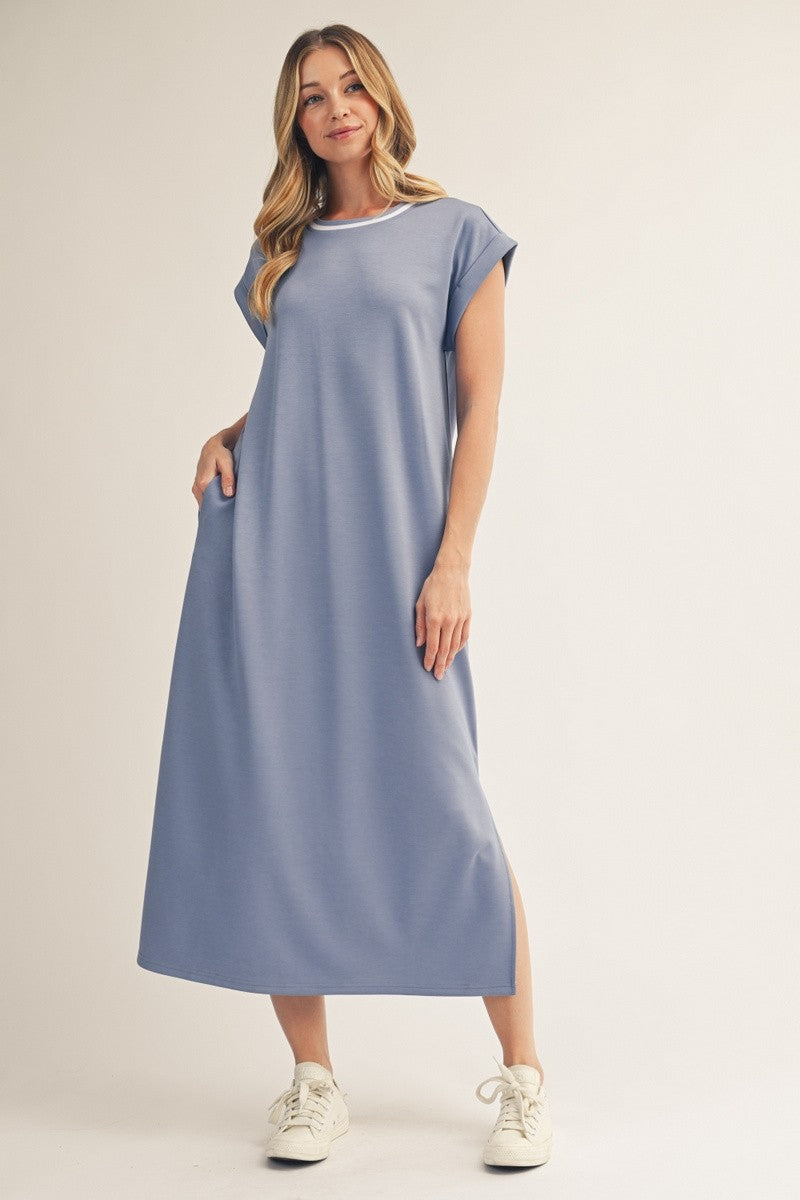 Side Slit Hem Solid Casual Midi Dress