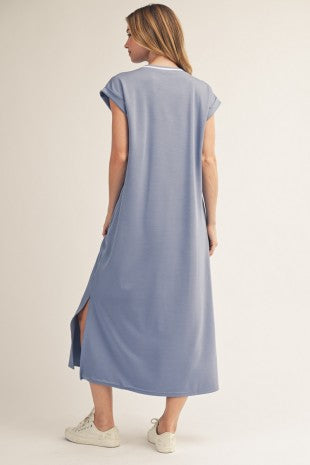 Side Slit Hem Solid Casual Midi Dress