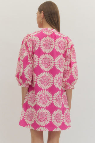 Print puff sleeve mini dress featuring V-neckline. Side pockets. Lined. Woven. Non-sheer. Lightweight.