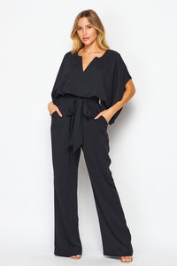 Women Woven Solid Short Sleeve V-Neck Jump-suit with Invisible Pocket