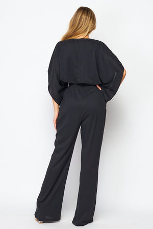 Women Woven Solid Short Sleeve V-Neck Jump-suit with Invisible Pocket