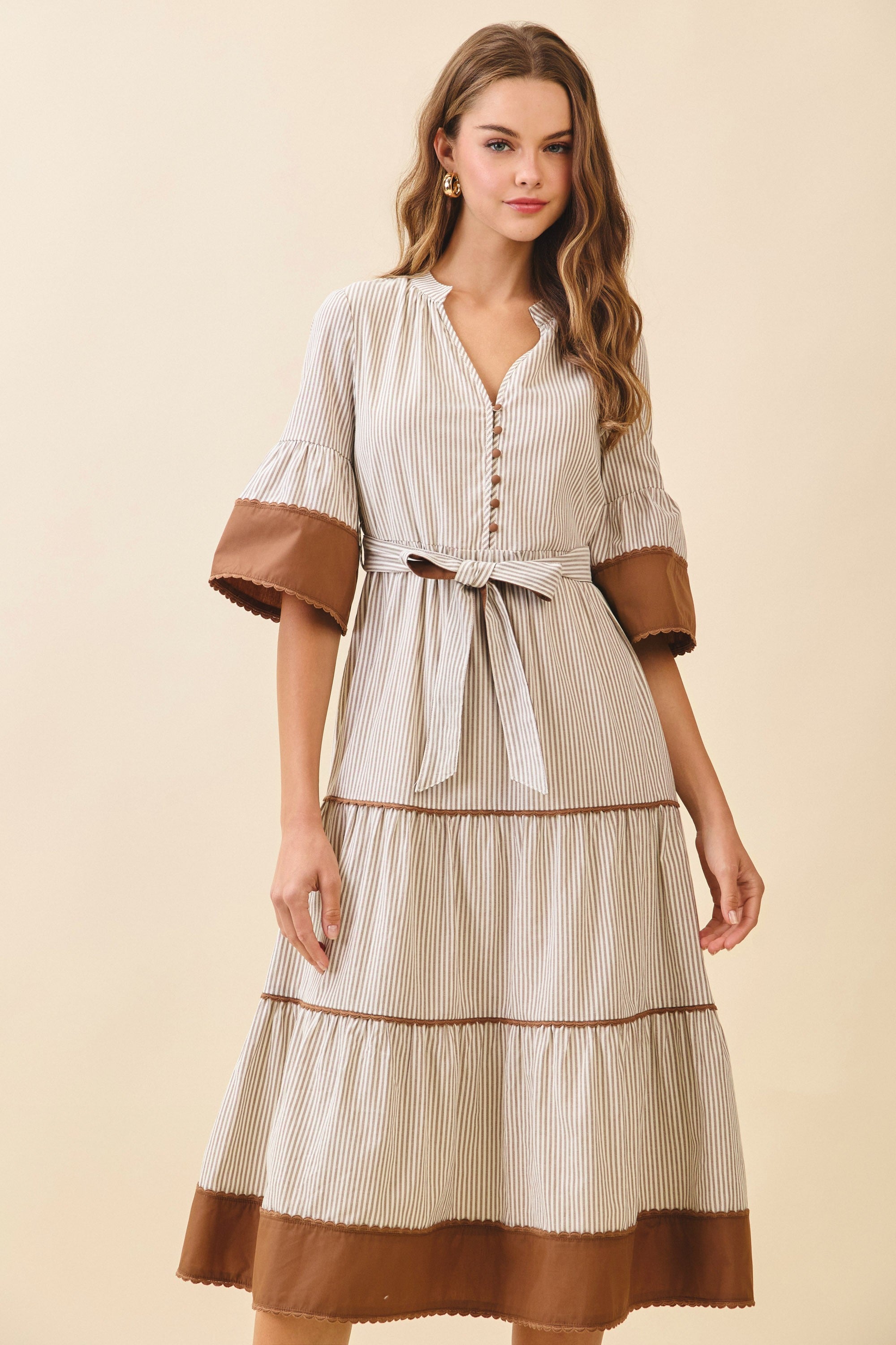 Striped Split Neck Contrast Trim Detail Midi Dress