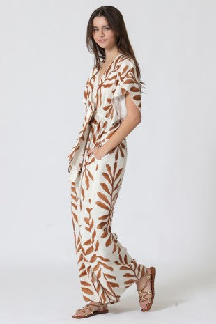Kimono Sleeve Tie Front Back Waisted Jumpsuit