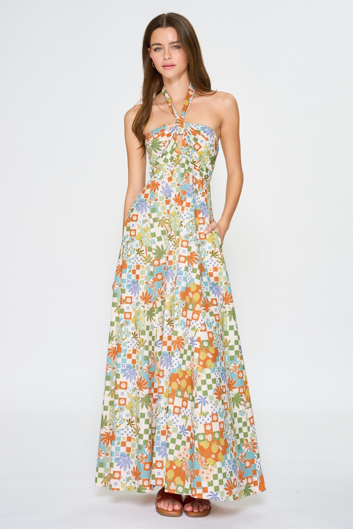 Printed Halter Maxi Dress With Smocked Back