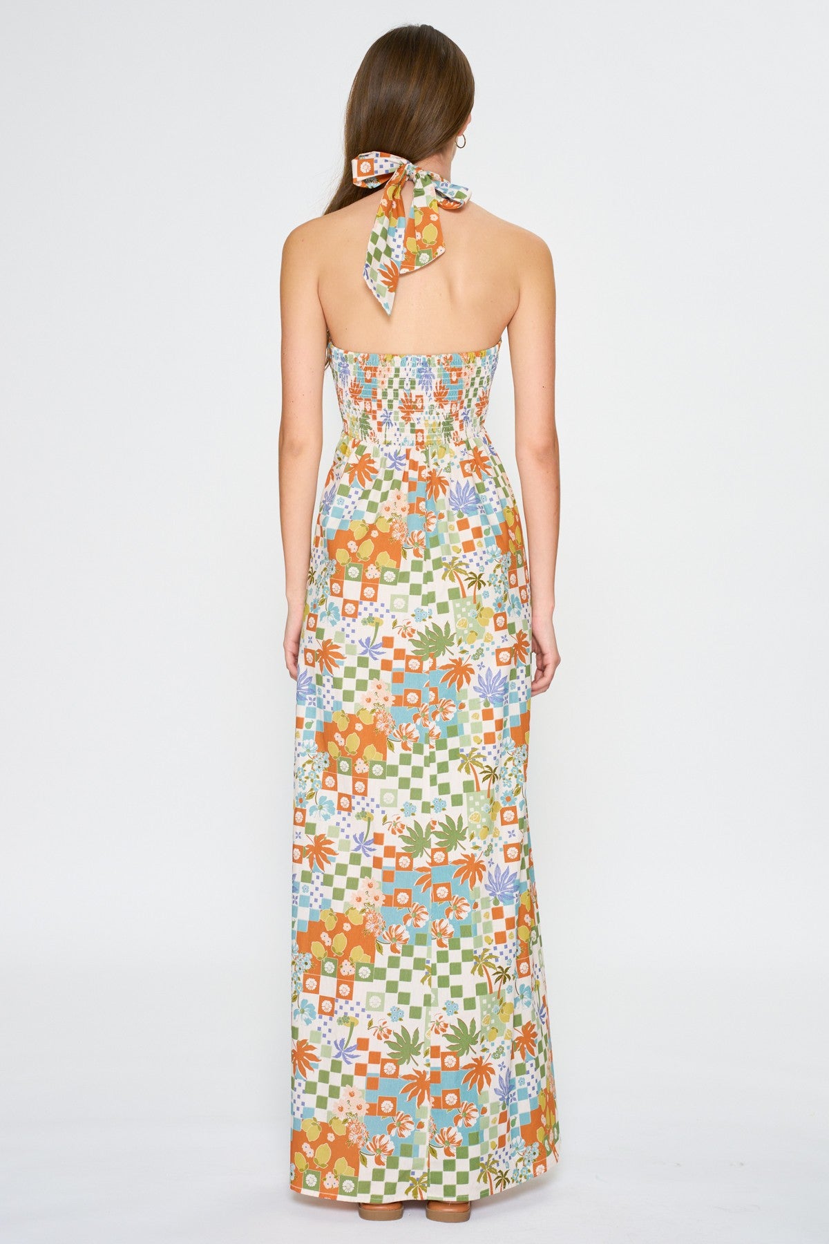 Printed Halter Maxi Dress With Smocked Back