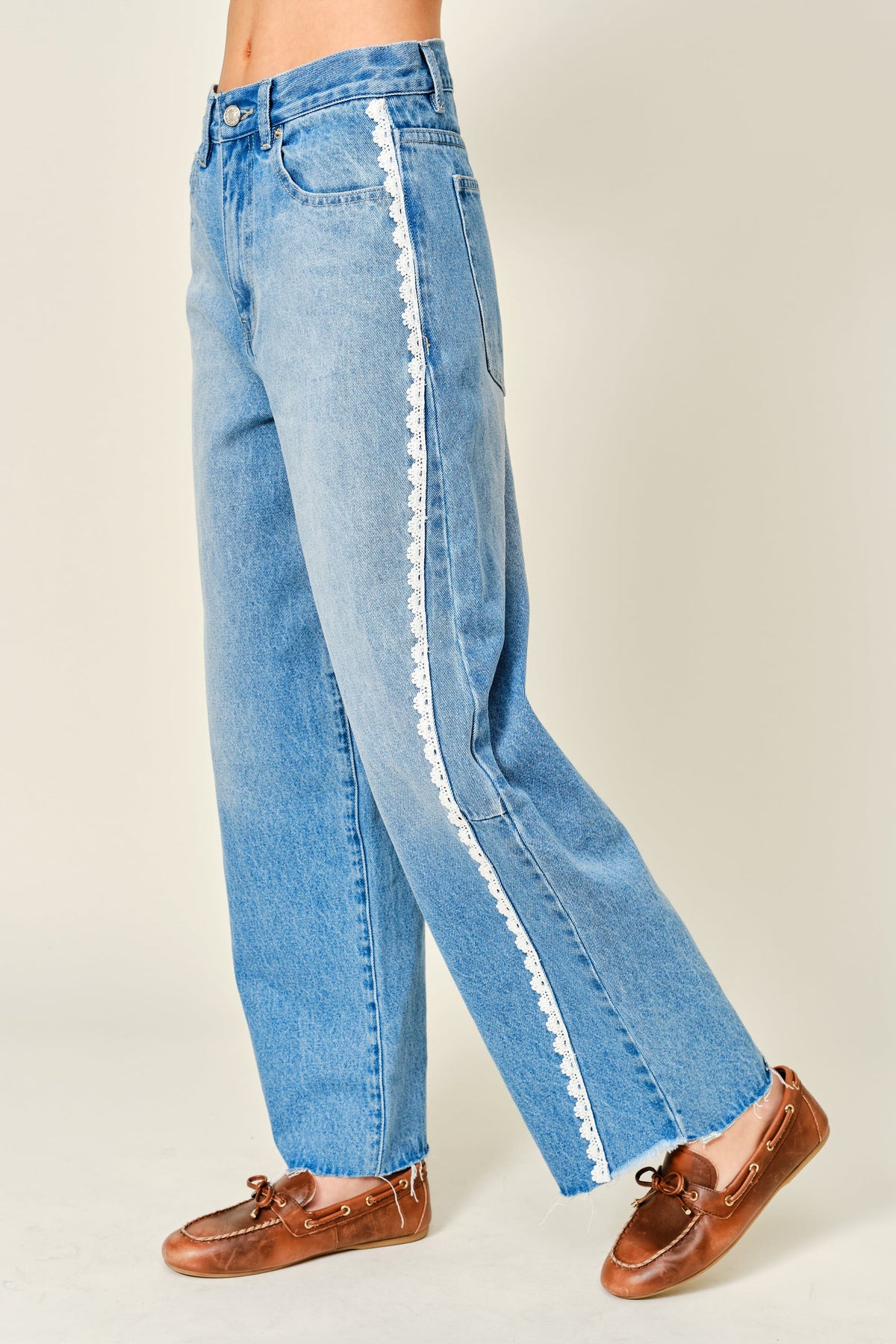Lace Side Line Detail Barrel Denim Pants