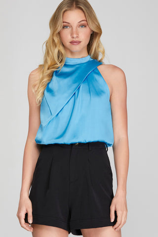 SLEEVELESS ASYMMETRICAL MOCK NECK WOVEN TOP