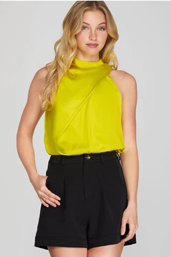 SLEEVELESS ASYMMETRICAL MOCK NECK WOVEN TOP