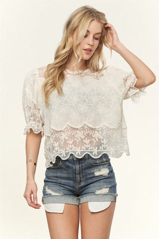 Short Puff Sleeve Embroidered Blouse