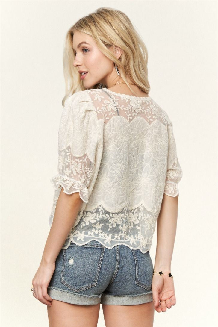 Short Puff Sleeve Embroidered Blouse