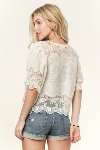 Short Puff Sleeve Embroidered Blouse